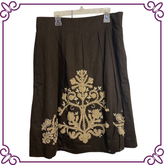 Ann Taylor Loft Skirt Brown Linen Blend Embroidered Floral Flared Boho Sz 4 NEW - Picture 1 of 9